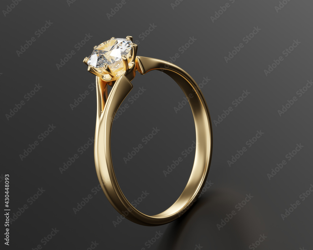 Gold Diamond Ring Isolated On black Background, 3D Rendering. - obrazy, fototapety, plakaty 