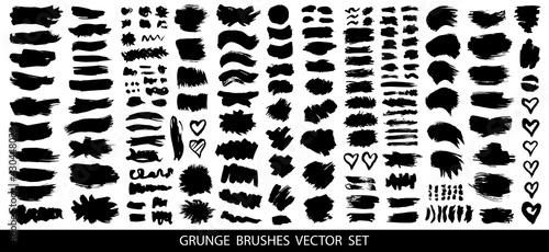Set of black paint, ink brush strokes, brushes, lines. Dirty artistic design elements, boxes, frames for text. Vector illustration..