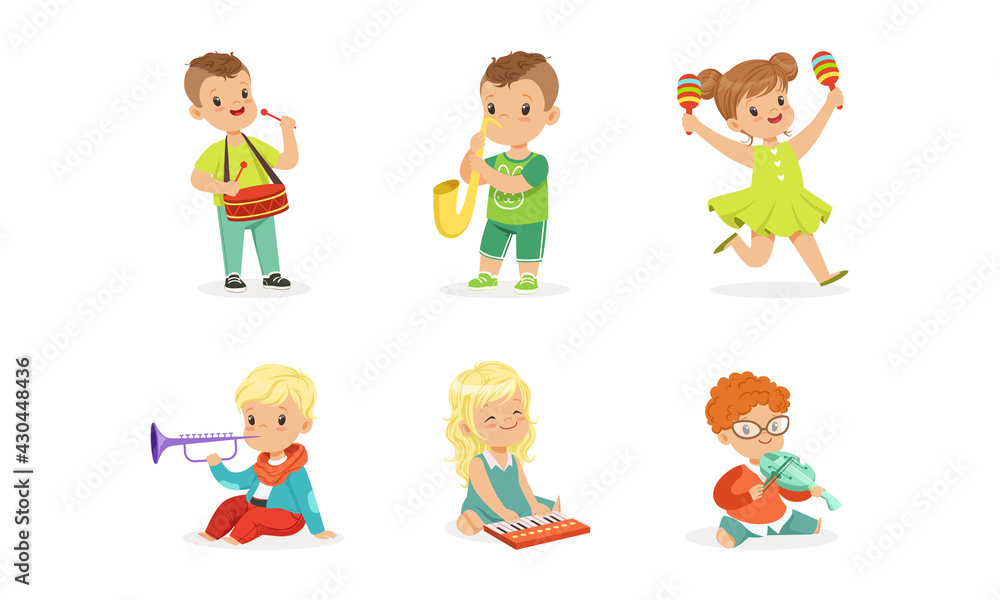 Smiling Boy and Girl Playing Drum and Trumpet Vector Set Smiling Boy and Girl Playing Drum and Trumpet Vector Set