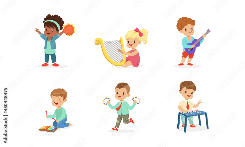 Smiling Boy and Girl Playing Harp and Guitar Vector Set Smiling Boy and Girl Playing Harp and Guitar Vector Set