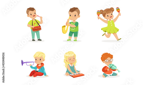 Smiling Boy and Girl Playing Drum and Trumpet Vector Set