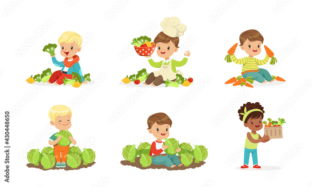 Little Children at Garden Bed with Ripe and Juicy Vegetables Vector Set