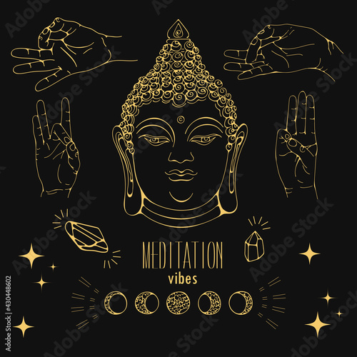 Meditation vibes illustration set gold on black