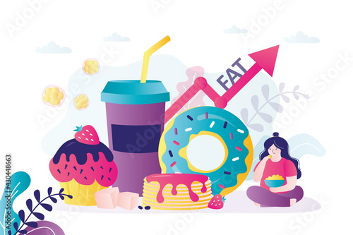 Various delicious desserts. Overweight girl enjoying junk food. Concept of unhealthy lifestyle and risk for diet. Soda in cup, donut, cupcake. Completeness graph soars up. Flat vector illustration