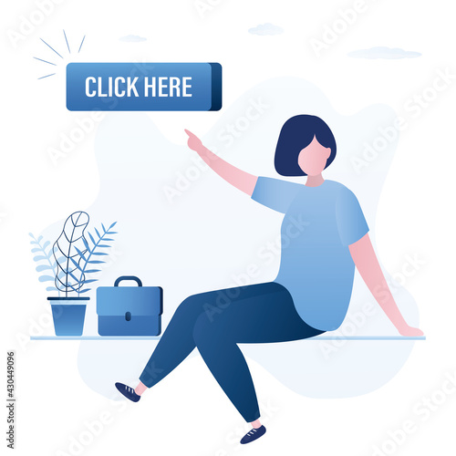 Marketing campaign, website promotion. Businesswoman or customer shows finger to big button. Web banner template. Button with text- click here.