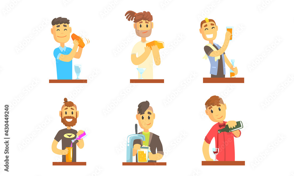 Man Bartender or Barkeep Serving Alcoholic or Soft Drink Beverages Behind the Bar Vector Set Man Bartender or Barkeep Serving Alcoholic or Soft Drink Beverages Behind the Bar Vector Set