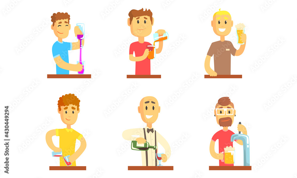 Man Bartender or Barkeep Serving Alcoholic or Soft Drink Beverages Behind the Bar Vector Set Man Bartender or Barkeep Serving Alcoholic or Soft Drink Beverages Behind the Bar Vector Set