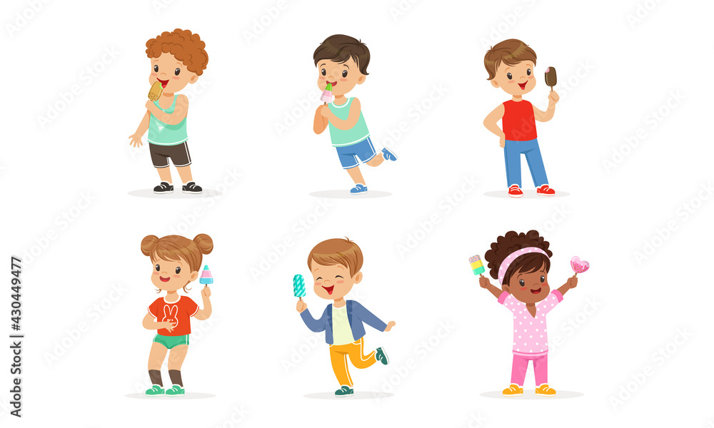 Joyful Boy and Girl Character Holding Fruity Ice Cream on Stick Vector Set Joyful Boy and Girl Character Holding Fruity Ice Cream on Stick Vector Set