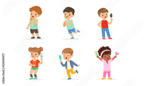 Joyful Boy and Girl Character Holding Fruity Ice Cream on Stick Vector Set