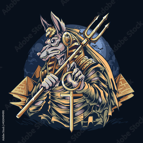 Anubis the Egyptian god of mummies with a view of the Egyptian pyramids, editable layer vector