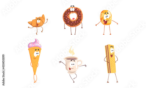 Humanized Food with Ice Cream in Waffle Cone and Coffee Cup Smiling and Waving Hand Vector Set