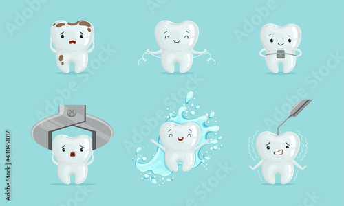 Cute White Tooth Character with Brace and Splashing in Water Vector Set