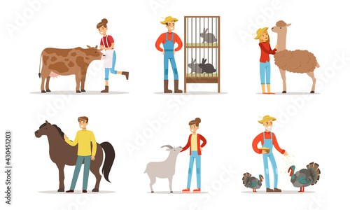 Farmers Breeding Livestock Feeding Farm Animals Vector Set
