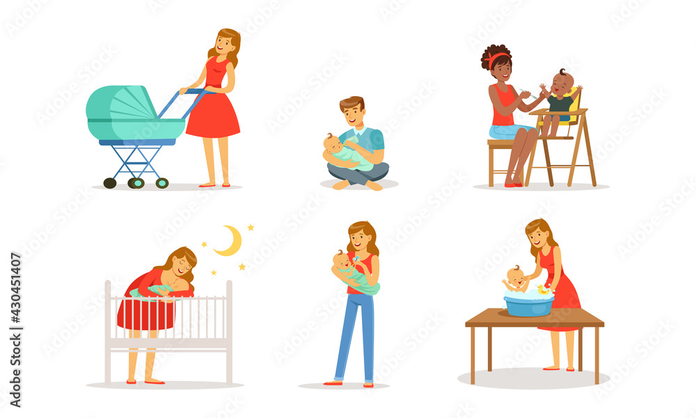Young Mother and Father Nursing Their Little Baby Bottle Feeding and Bathing Vector Set