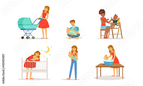 Young Mother and Father Nursing Their Little Baby Bottle Feeding and Bathing Vector Set