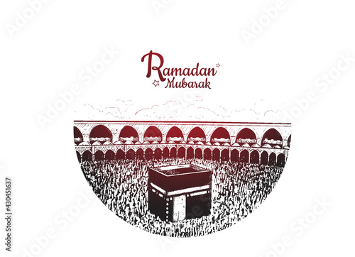 Ramadan Mubarak with holy kaaba illustration on circle hand drawn isolated on white background
