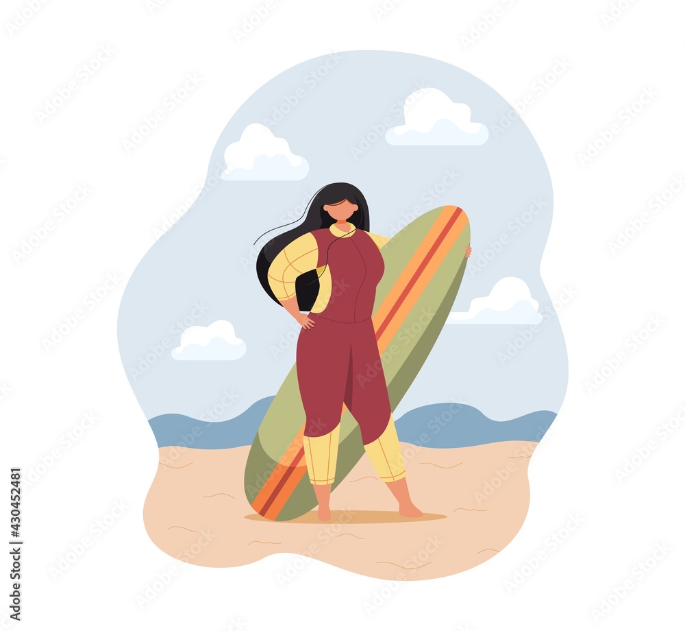 Beautiful female surfer in wetsuit holding surfboard on the beach. Happy young woman having fun doing extreme sport. Flat vector illustration.