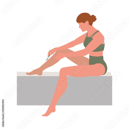 Woman in the bathroom shaves her legs. Vector illustration with character in flat style isolated on white background