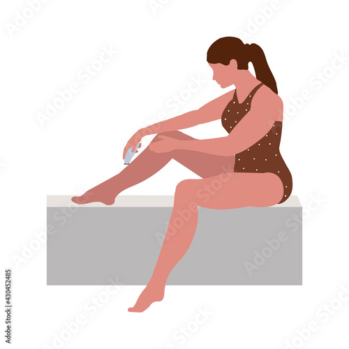 Woman in the bathroom does hair removal from her legs with epilator. Vector illustration with character in flat style isolated on white background