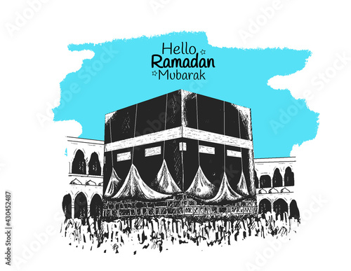 Ramadan Mubarak. holy kaaba illustration hand drawn isolated on white background blue brush