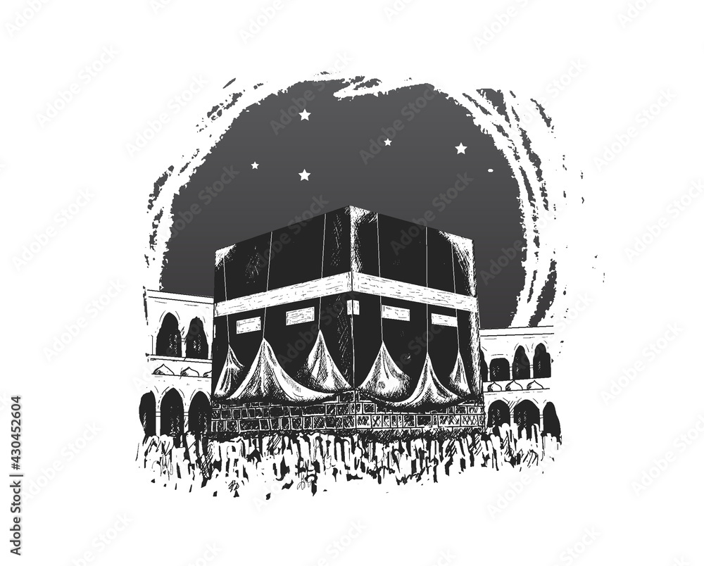 holy kaaba illustration hand drawn isolated on white background black brush