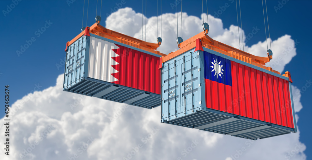 Freight containers with Bahrain and Taiwan national flags. 3D Rendering 