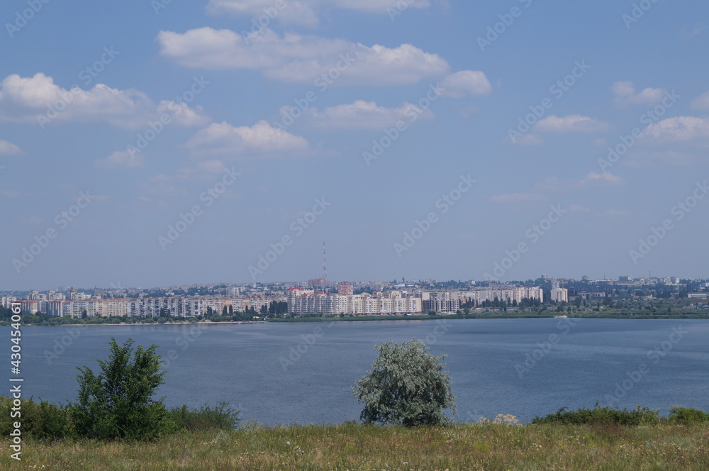 view of the city river panorama summer hot day bright