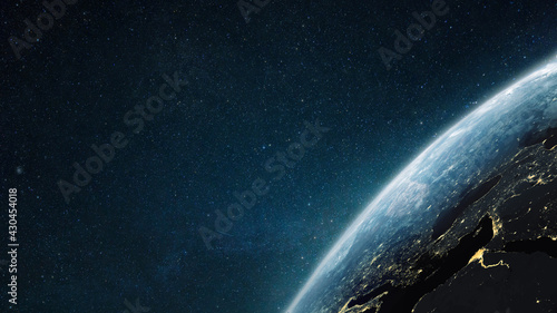 Fototapeta Naklejka Na Ścianę i Meble -  Surface of Earth planet in deep space. Outer dark space wallpaper. Night on planet with cities lights. View from orbit. Earth at he night. Civilization.
