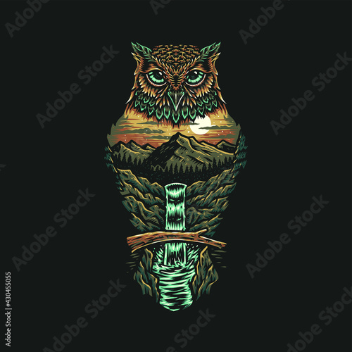 Owl forest, hand drawn line style with digital color, vector illustration