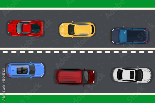 Highway traffic concept with top view cars on asphalt road. Vehicles on the highway.Various cars on urban roadway.Stream of heavy traffic.High speed autobahn with automobiles.Stock vector illustration