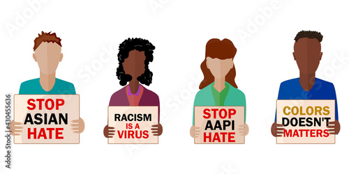 Stop Asian hate. Stop aapi hate. Set of people holding poster or banner protesting against racism. Antiracism and support AAPI community concept. Race equality concept. Stock vector illustration