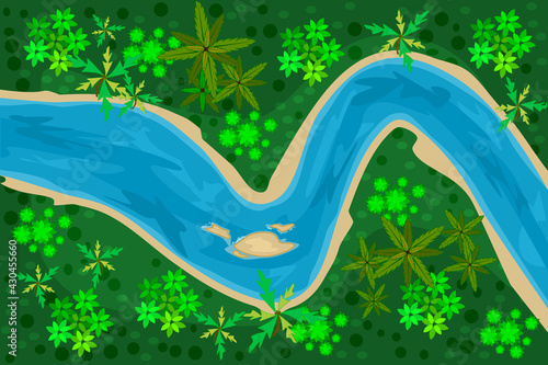 River top view on forest background. Riverbed with blue water, coastline and trees. Summer nature landscape. Scenery with winding river. Wild scene with brook flow with sand shore. Vector illustration