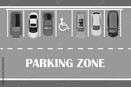 Parking zone with one free place for handicapped. Parking lot with many cars top view. Free public lot, city transport services.Place for disabled with special sign on asphalt road.Vector illustration