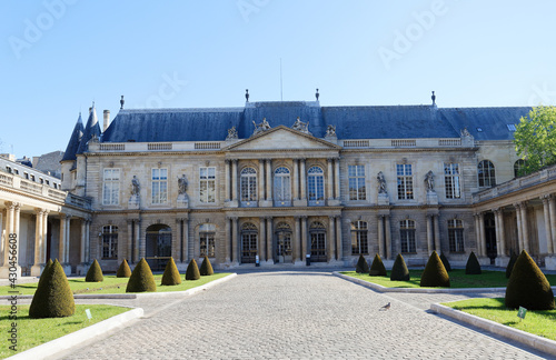National Archives has been located since 1808 in a group of buildings comprising Hotel de Soubise and Hotel de Rohan in district of Le Marais. Paris .