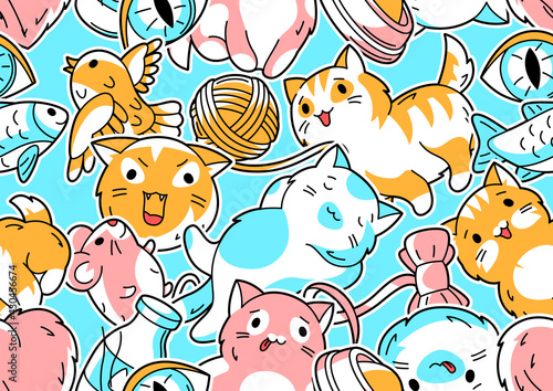 Seamless pattern with cute kawaii cats. Fun animal background.
