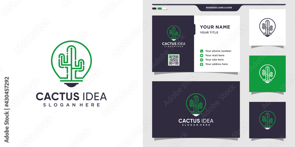 Naklejka premium Cactus logo with bulb lamp style and business card design Premium Vector