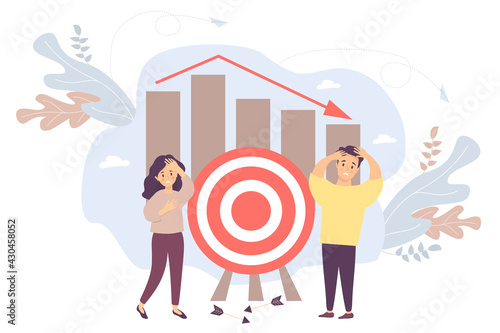 Vector. Man and a woman near a target with arrows falling. of charts and columns and a falling arrow. Business and education concept - crisis, failure, collapse of relationships and teamwork