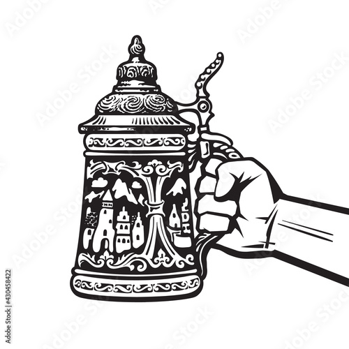 Hand holding German stein beer mug. Hand drawn vector illustration in retro style isolated on white background.