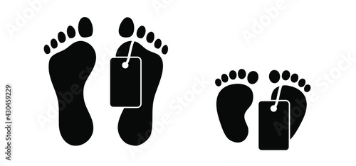 Feet with death tag. Human footprint. Death label. Body or baby in morgue.  Flat vector footstep sign. Foot print with label. Legs are marked in mortuary or dead room. Barefoot autopsie concept. Covid