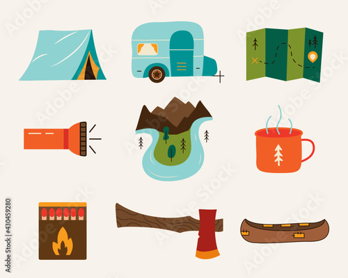 Set of travel and hiking adventure vector elements