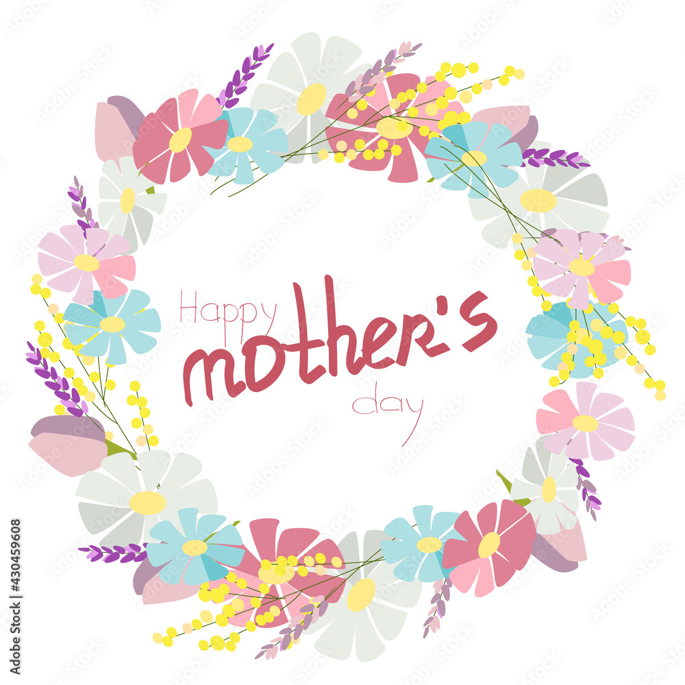 Mother's day greeting card with a wreath of wildflowers