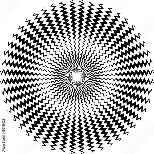  Abstract rotated white lines in circle form on black background. Geometric art. Design element. Digital image with a psychedelic stripes. Vector illustration zig zag