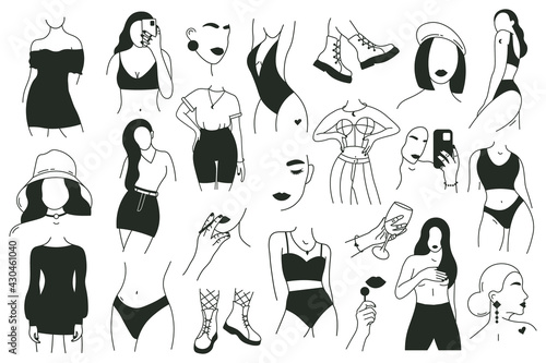 Outline female body elements. Contemporary woman bodies, hand drawn faceless girls fashion vector illustration set. Minimalist outline female body parts