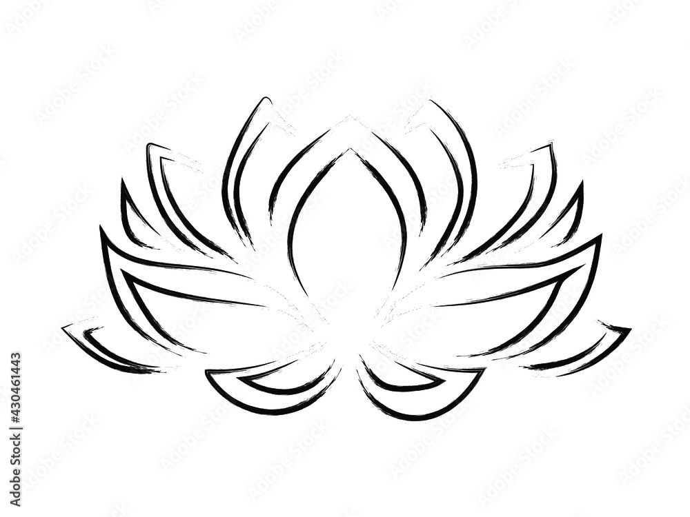 The lotus flower is painted with a brush. For printing on cups, clothes, decorative pillows, tea towels, napkins, notebooks. Symbol in Buddhism. Asian bud of paradise. Vector graphics.
