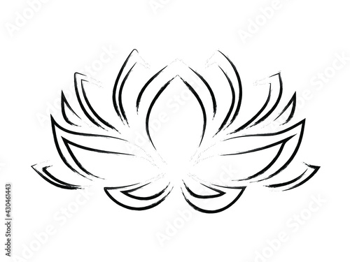 The lotus flower is painted with a brush. For printing on cups, clothes, decorative pillows, tea towels, napkins, notebooks. Symbol in Buddhism. Asian bud of paradise. Vector graphics.