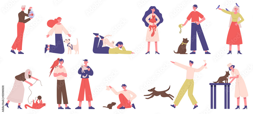 People with pets. Pet owners playing, walking and hugging with dogs, cats and birds vector illustration set. Domestic animals owners