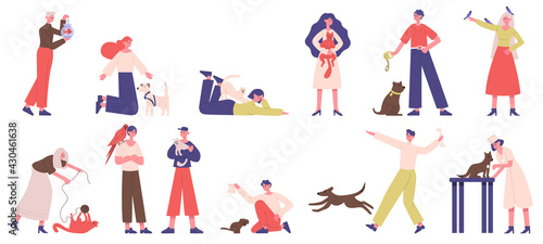 People with pets. Pet owners playing, walking and hugging with dogs, cats and birds vector illustration set. Domestic animals owners