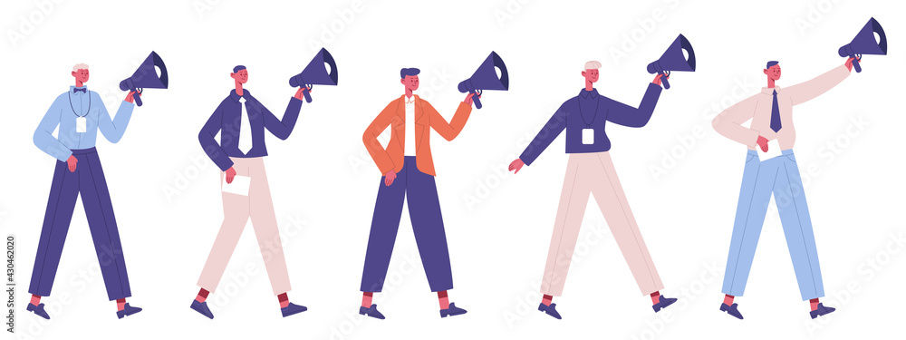 Business marketing concept. Promotion, marketing strategy speakers with megaphones isolated vector illustration. Announcement business concept Business marketing concept. Promotion, marketing strategy speakers with megaphones isolated vector illustration. Announcement business concept