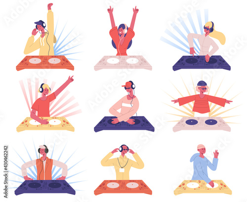 Dj characters. Music party night club entertainers, spinning male and female DJ people vector illustration set. Disc jockeys playing music