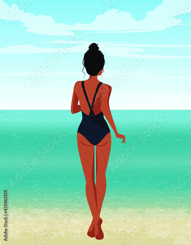 Digital illustration of a tanned girl in summer on vacation goes to swim in the ocean